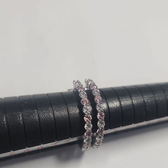Sterling Silver Clear And Pink Crystal Hoop Earrings 925 - Picture 1 of 4